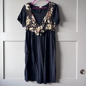 VINTAGE Sun‎ Babies Hawaii Dress Womens Small Black Floral Patchwork Midi 90s